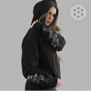 BLVCK Size XS Black Embroidered ROSES HOODIE Pullover Sweatshirt French‎ Terry